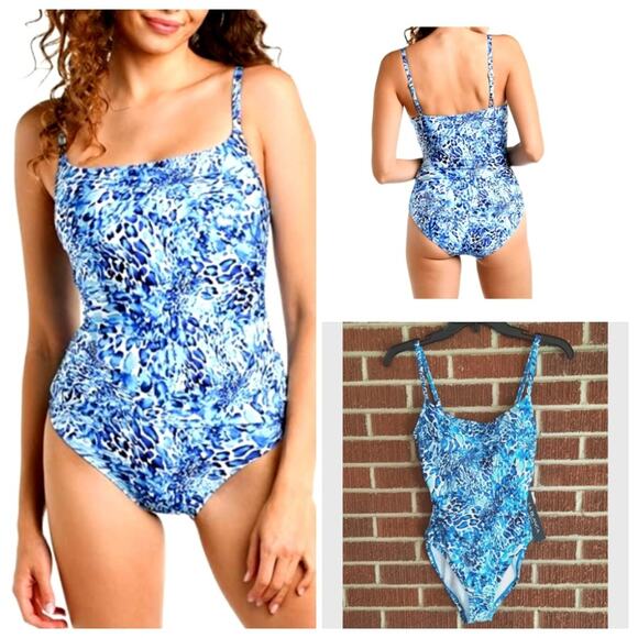 La Blanca Island Goddess Aquatic Print Shirred Lined One Piece Swimsuit 6 UPF50+ - Picture 1 of 12